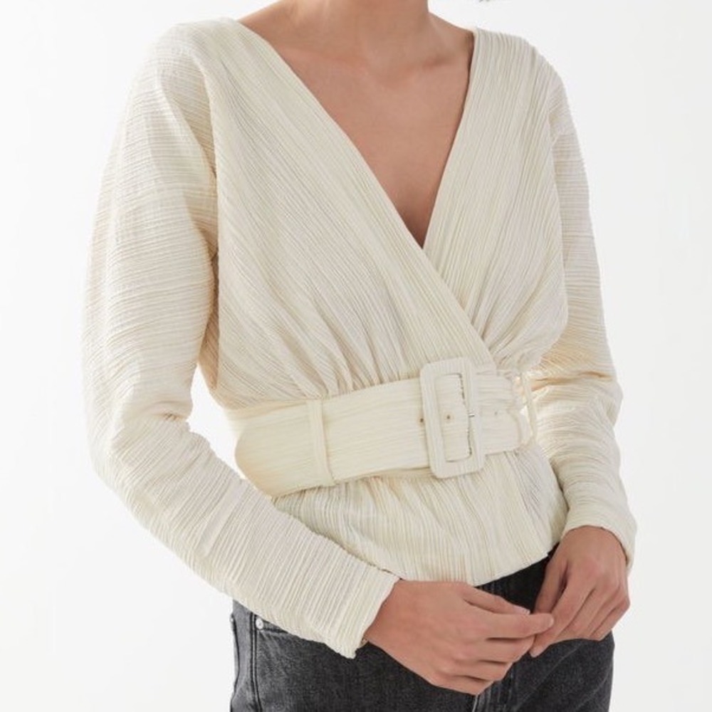 & Other Stories Belted Dolman Sleeve Wrap Blouse Cream Plisse 2 NEW Minimalist